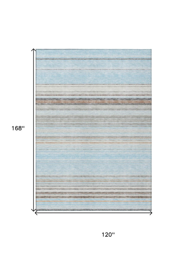 HomeRoots 5' Sky Blue Gray Beige Striped Indoor Outdoor Area Rug - Durable, Washable, Coastal Charm for Any Space 10' X 14' 614838