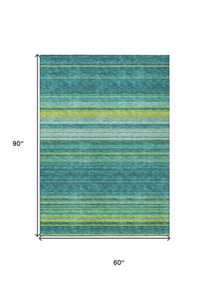 HomeRoots 5' Striped Teal Blue Lime Green Turquoise Area Rug - Durable, Machine Washable for Indoor & Outdoor Use 5' X 8' 614840