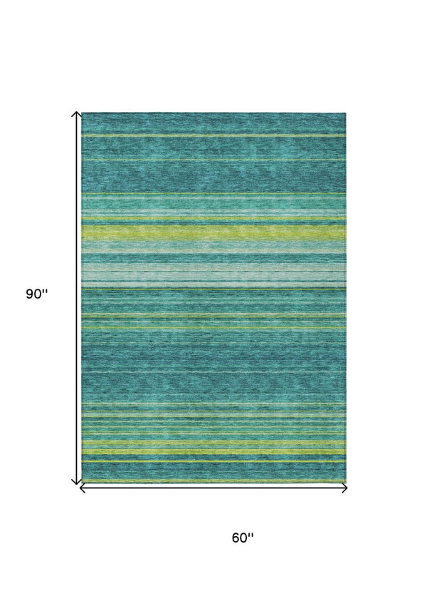 HomeRoots 5' Striped Teal Blue Lime Green Turquoise Area Rug - Durable, Machine Washable for Indoor & Outdoor Use 5' X 8' 614840