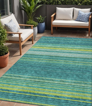 HomeRoots 5' Striped Teal Blue Lime Green Turquoise Area Rug - Durable, Machine Washable for Indoor & Outdoor Use 5' X 8' 614840