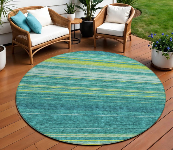 HomeRoots 5' Striped Teal Blue Lime Green Turquoise Area Rug - Durable, Machine Washable for Indoor & Outdoor Use 8' Round 614841