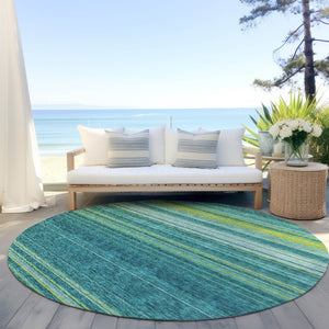 HomeRoots 5' Striped Teal Blue Lime Green Turquoise Area Rug - Durable, Machine Washable for Indoor & Outdoor Use 8' Round 614841