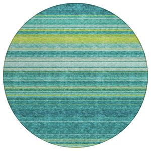 HomeRoots 5' Striped Teal Blue Lime Green Turquoise Area Rug - Durable, Machine Washable for Indoor & Outdoor Use 8' Round 614841