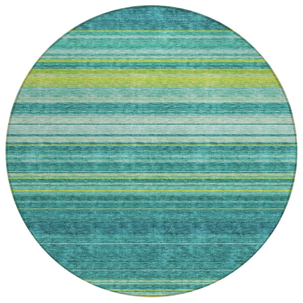 HomeRoots 5' Striped Teal Blue Lime Green Turquoise Area Rug - Durable, Machine Washable for Indoor & Outdoor Use 8' Round 614841