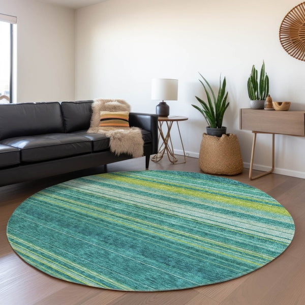 HomeRoots 5' Striped Teal Blue Lime Green Turquoise Area Rug - Durable, Machine Washable for Indoor & Outdoor Use 8' Round 614841