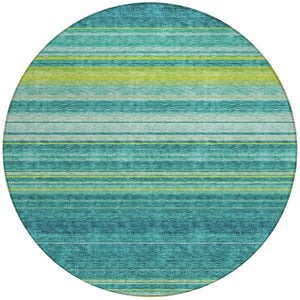 HomeRoots 5' Striped Teal Blue Lime Green Turquoise Area Rug - Durable, Machine Washable for Indoor & Outdoor Use 8' Round 614841