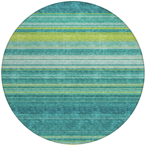 HomeRoots 5' Striped Teal Blue Lime Green Turquoise Area Rug - Durable, Machine Washable for Indoor & Outdoor Use 8' Round 614841