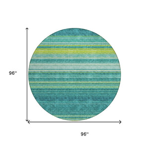 HomeRoots 5' Striped Teal Blue Lime Green Turquoise Area Rug - Durable, Machine Washable for Indoor & Outdoor Use 8' Round 614841
