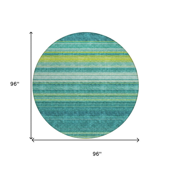 HomeRoots 5' Striped Teal Blue Lime Green Turquoise Area Rug - Durable, Machine Washable for Indoor & Outdoor Use 8' Round 614841