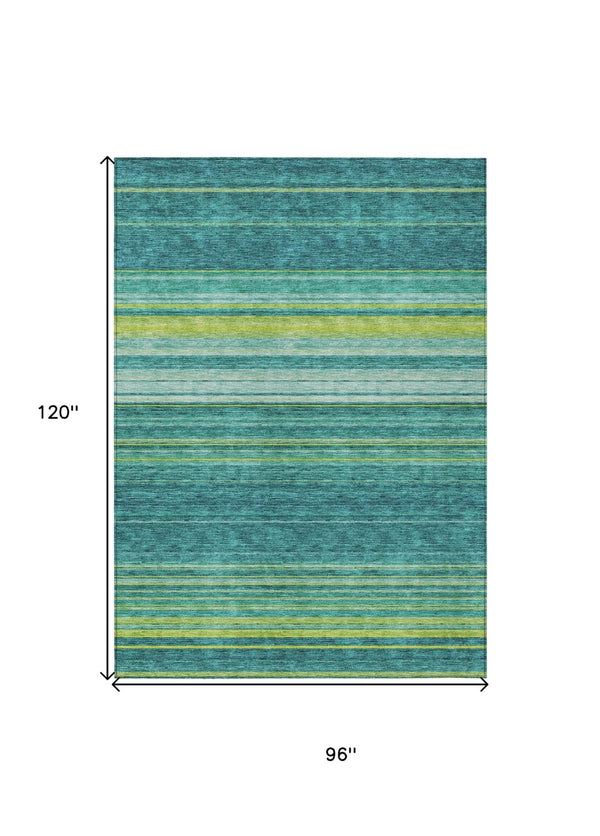HomeRoots 5' Striped Teal Blue Lime Green Turquoise Area Rug - Durable, Machine Washable for Indoor & Outdoor Use 8' X 10' 614842