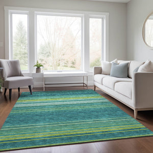 HomeRoots 5' Striped Teal Blue Lime Green Turquoise Area Rug - Durable, Machine Washable for Indoor & Outdoor Use 8' X 10' 614842
