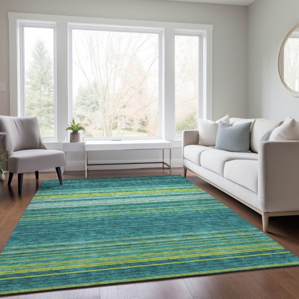 HomeRoots 5' Striped Teal Blue Lime Green Turquoise Area Rug - Durable, Machine Washable for Indoor & Outdoor Use 8' X 10' 614842