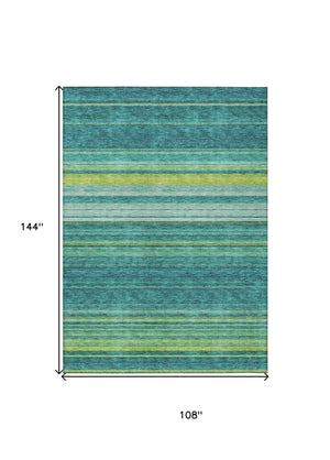 HomeRoots 5' Striped Teal Blue Lime Green Turquoise Area Rug - Durable, Machine Washable for Indoor & Outdoor Use 9' X 12' 614843