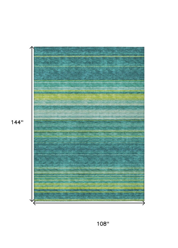 HomeRoots 5' Striped Teal Blue Lime Green Turquoise Area Rug - Durable, Machine Washable for Indoor & Outdoor Use 9' X 12' 614843