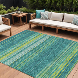 HomeRoots 5' Striped Teal Blue Lime Green Turquoise Area Rug - Durable, Machine Washable for Indoor & Outdoor Use 9' X 12' 614843