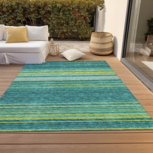 HomeRoots 5' Striped Teal Blue Lime Green Turquoise Area Rug - Durable, Machine Washable for Indoor & Outdoor Use 9' X 12' 614843