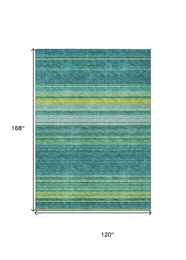 HomeRoots 5' Striped Teal Blue Lime Green Turquoise Area Rug - Durable, Machine Washable for Indoor & Outdoor Use 10' X 14' 614844