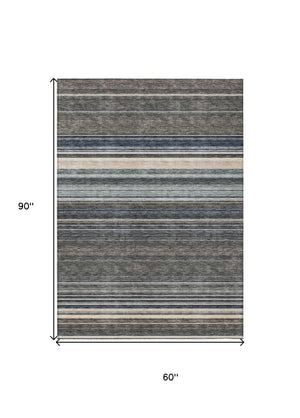HomeRoots 5' Durable Taupe Beige and Pewter Striped Washable Area Rug for Indoor and Outdoor Elegance 5' X 8' 614846
