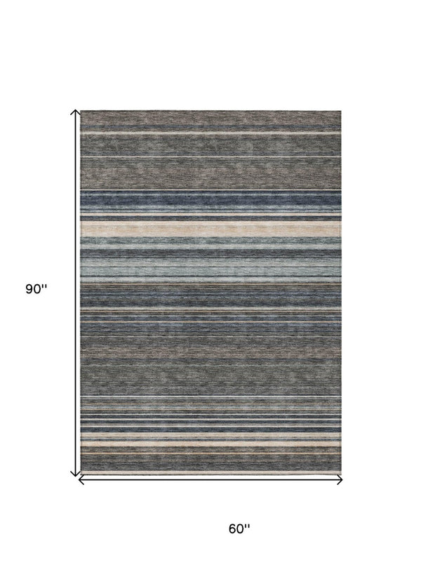 HomeRoots 5' Durable Taupe Beige and Pewter Striped Washable Area Rug for Indoor and Outdoor Elegance 5' X 8' 614846