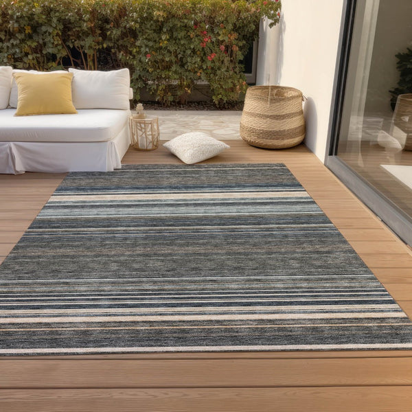 HomeRoots 5' Durable Taupe Beige and Pewter Striped Washable Area Rug for Indoor and Outdoor Elegance 5' X 8' 614846