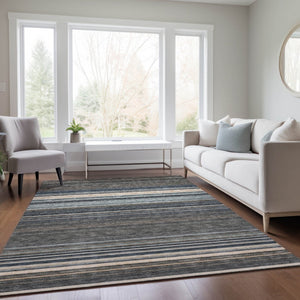 HomeRoots 5' Durable Taupe Beige and Pewter Striped Washable Area Rug for Indoor and Outdoor Elegance 5' X 8' 614846