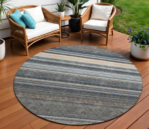 HomeRoots 5' Durable Taupe Beige and Pewter Striped Washable Area Rug for Indoor and Outdoor Elegance 8' Round 614847