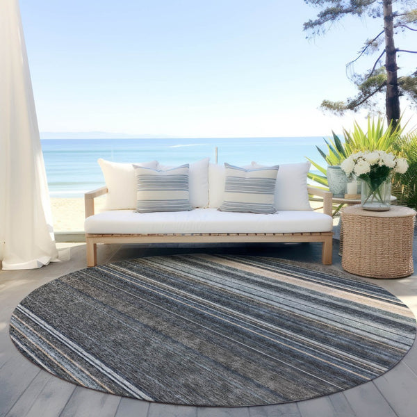 HomeRoots 5' Durable Taupe Beige and Pewter Striped Washable Area Rug for Indoor and Outdoor Elegance 8' Round 614847