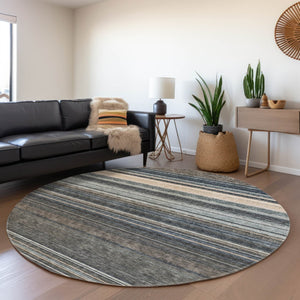 HomeRoots 5' Durable Taupe Beige and Pewter Striped Washable Area Rug for Indoor and Outdoor Elegance 8' Round 614847