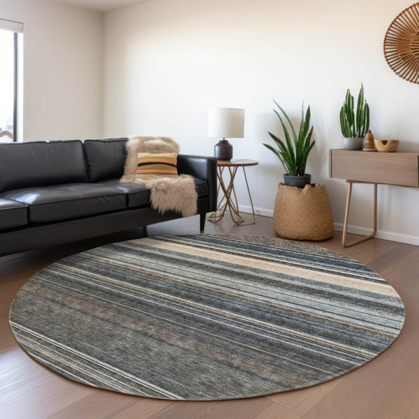 HomeRoots 5' Durable Taupe Beige and Pewter Striped Washable Area Rug for Indoor and Outdoor Elegance 8' Round 614847