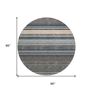 HomeRoots 5' Durable Taupe Beige and Pewter Striped Washable Area Rug for Indoor and Outdoor Elegance 8' Round 614847