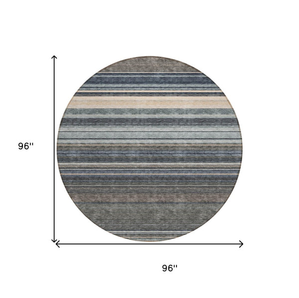 HomeRoots 5' Durable Taupe Beige and Pewter Striped Washable Area Rug for Indoor and Outdoor Elegance 8' Round 614847
