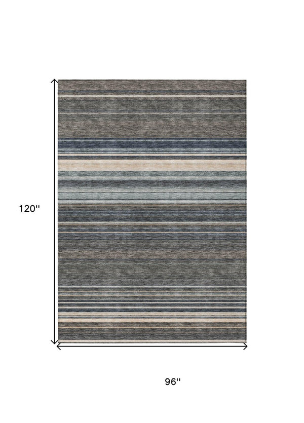 HomeRoots 5' Durable Taupe Beige and Pewter Striped Washable Area Rug for Indoor and Outdoor Elegance 8' X 10' 614848