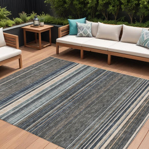 HomeRoots 5' Durable Taupe Beige and Pewter Striped Washable Area Rug for Indoor and Outdoor Elegance 8' X 10' 614848