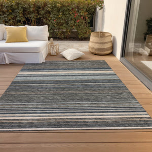 HomeRoots 5' Durable Taupe Beige and Pewter Striped Washable Area Rug for Indoor and Outdoor Elegance 9' X 12' 614849