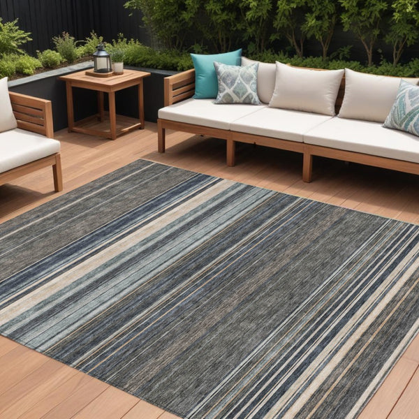 HomeRoots 5' Durable Taupe Beige and Pewter Striped Washable Area Rug for Indoor and Outdoor Elegance 10' X 14' 614850