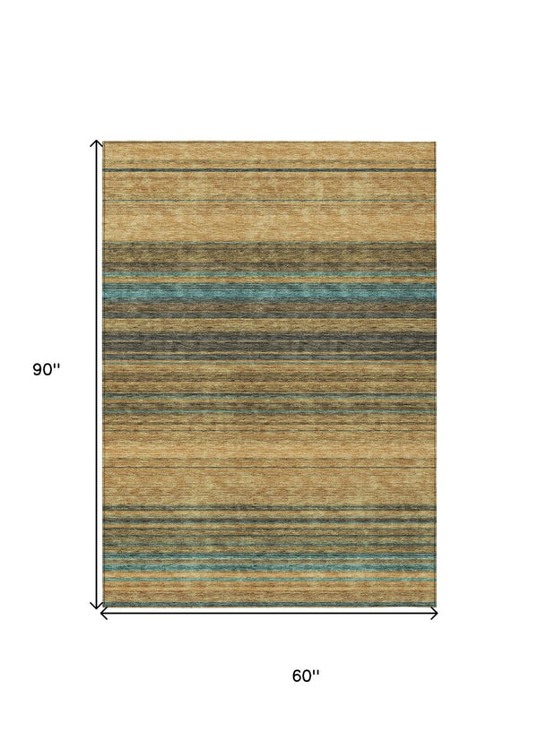 HomeRoots 5' Washable Indoor Outdoor Area Rug in Wheat Brown and Teal Blue Stripes - Durable, Stylish, Versatile 5' X 8' 614852