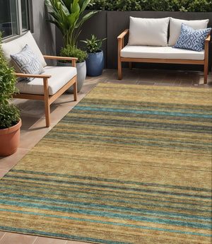 HomeRoots 5' Washable Indoor Outdoor Area Rug in Wheat Brown and Teal Blue Stripes - Durable, Stylish, Versatile 5' X 8' 614852