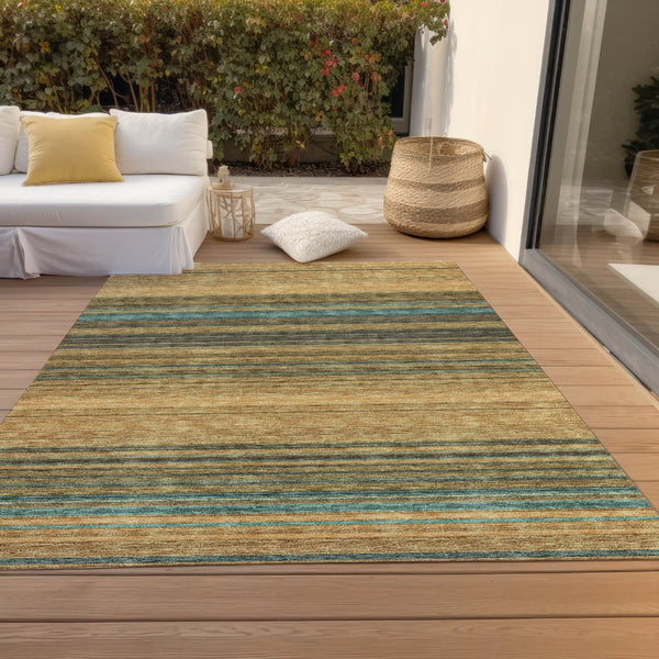 HomeRoots 5' Washable Indoor Outdoor Area Rug in Wheat Brown and Teal Blue Stripes - Durable, Stylish, Versatile 5' X 8' 614852