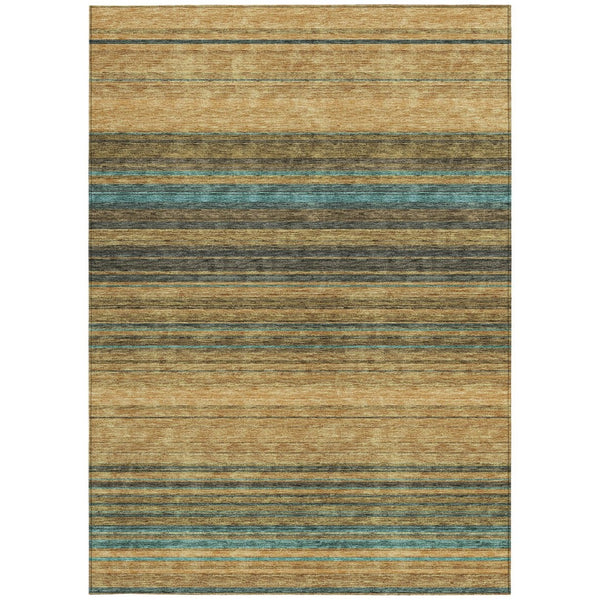 HomeRoots 5' Washable Indoor Outdoor Area Rug in Wheat Brown and Teal Blue Stripes - Durable, Stylish, Versatile 5' X 8' 614852