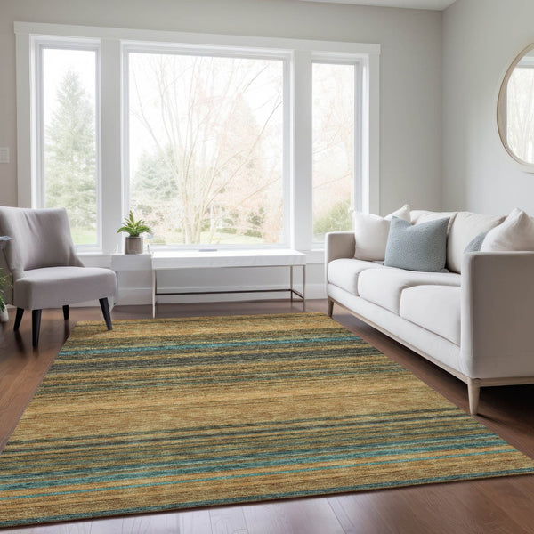 HomeRoots 5' Washable Indoor Outdoor Area Rug in Wheat Brown and Teal Blue Stripes - Durable, Stylish, Versatile 5' X 8' 614852