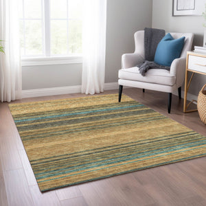 HomeRoots 5' Washable Indoor Outdoor Area Rug in Wheat Brown and Teal Blue Stripes - Durable, Stylish, Versatile 5' X 8' 614852
