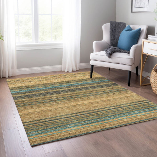 HomeRoots 5' Washable Indoor Outdoor Area Rug in Wheat Brown and Teal Blue Stripes - Durable, Stylish, Versatile 5' X 8' 614852