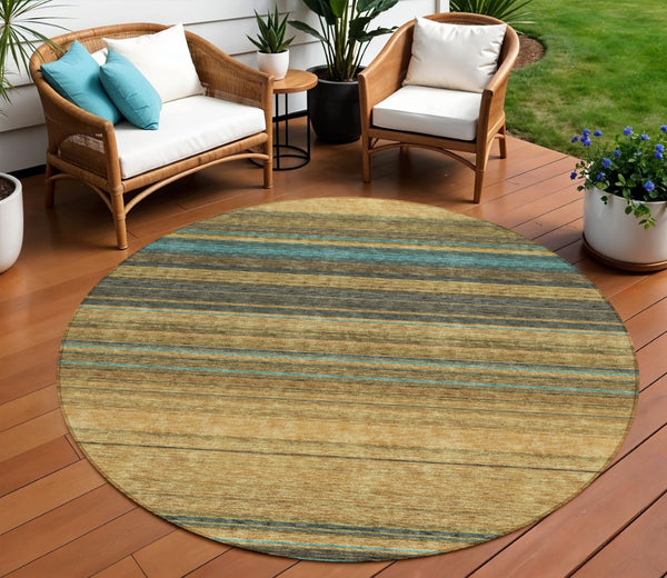 HomeRoots 5' Washable Indoor Outdoor Area Rug in Wheat Brown and Teal Blue Stripes - Durable, Stylish, Versatile 8' Round 614853