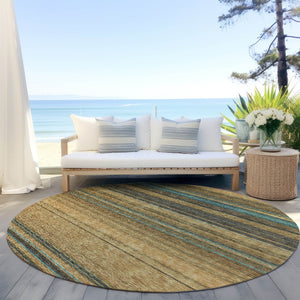 HomeRoots 5' Washable Indoor Outdoor Area Rug in Wheat Brown and Teal Blue Stripes - Durable, Stylish, Versatile 8' Round 614853