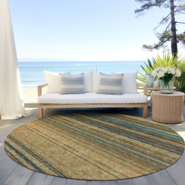 HomeRoots 5' Washable Indoor Outdoor Area Rug in Wheat Brown and Teal Blue Stripes - Durable, Stylish, Versatile 8' Round 614853