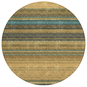 HomeRoots 5' Washable Indoor Outdoor Area Rug in Wheat Brown and Teal Blue Stripes - Durable, Stylish, Versatile 8' Round 614853