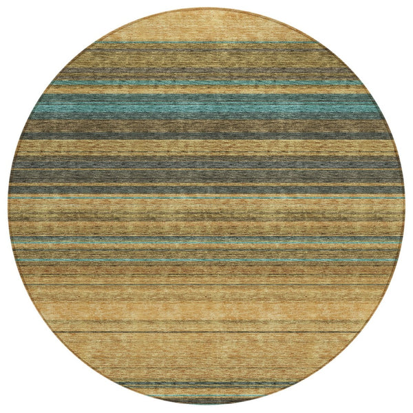 HomeRoots 5' Washable Indoor Outdoor Area Rug in Wheat Brown and Teal Blue Stripes - Durable, Stylish, Versatile 8' Round 614853