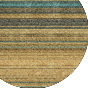 HomeRoots 5' Washable Indoor Outdoor Area Rug in Wheat Brown and Teal Blue Stripes - Durable, Stylish, Versatile 8' Round 614853