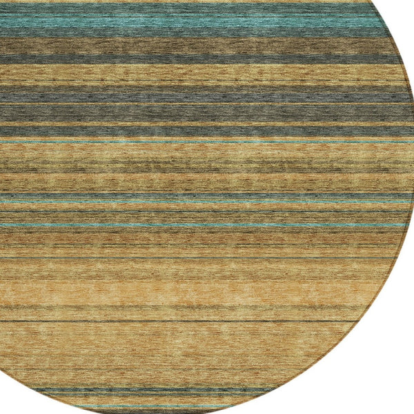 HomeRoots 5' Washable Indoor Outdoor Area Rug in Wheat Brown and Teal Blue Stripes - Durable, Stylish, Versatile 8' Round 614853