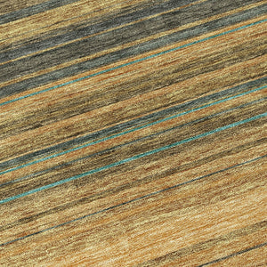HomeRoots 5' Washable Indoor Outdoor Area Rug in Wheat Brown and Teal Blue Stripes - Durable, Stylish, Versatile 8' Round 614853